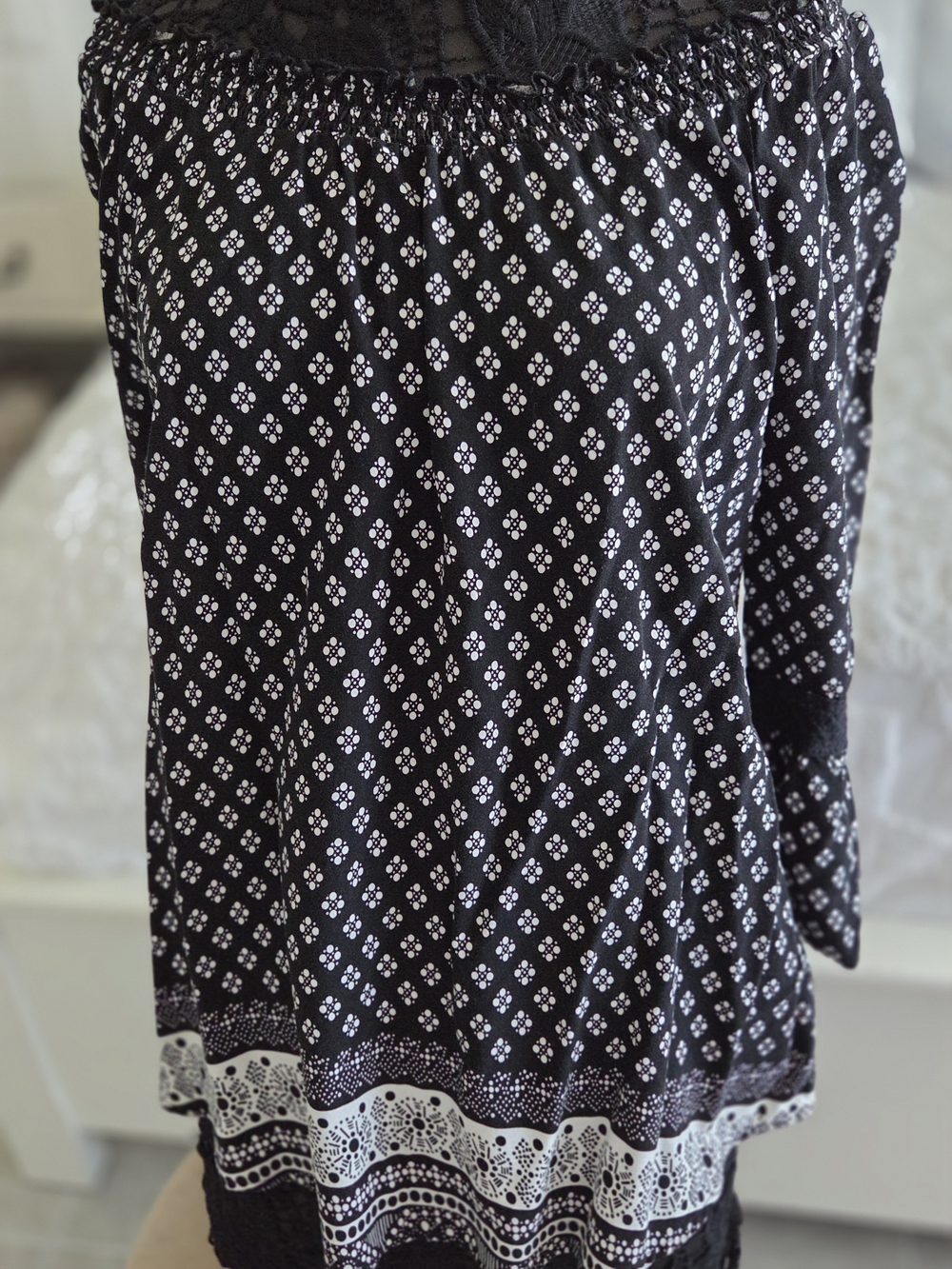 Boho Black Printed Off-Shoulder Women's Top